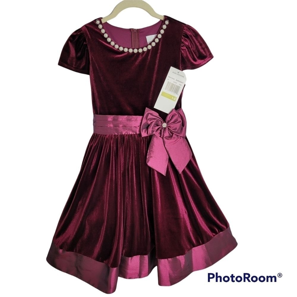 RARE EDITIONS Burgundy Velvet Taffeta Bow Jeweled Holiday Dress Size 14‎